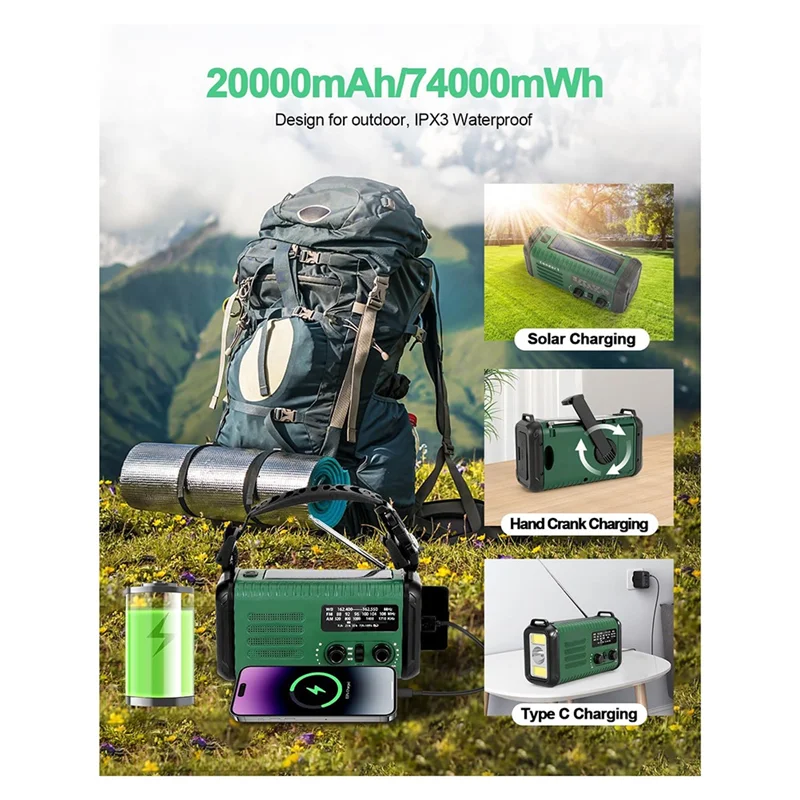 -A01R 20000Mah zonne-handslinger noodradio, NOAA/AM/FM, oplader voor mobiele telefoon, lamp, zaklamp en SOS