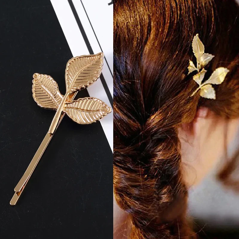 New European Side Hair Clips for Women Vintage Leaves Hairpins Gold Color Hair Jewelry Wholesale Girls Hairware