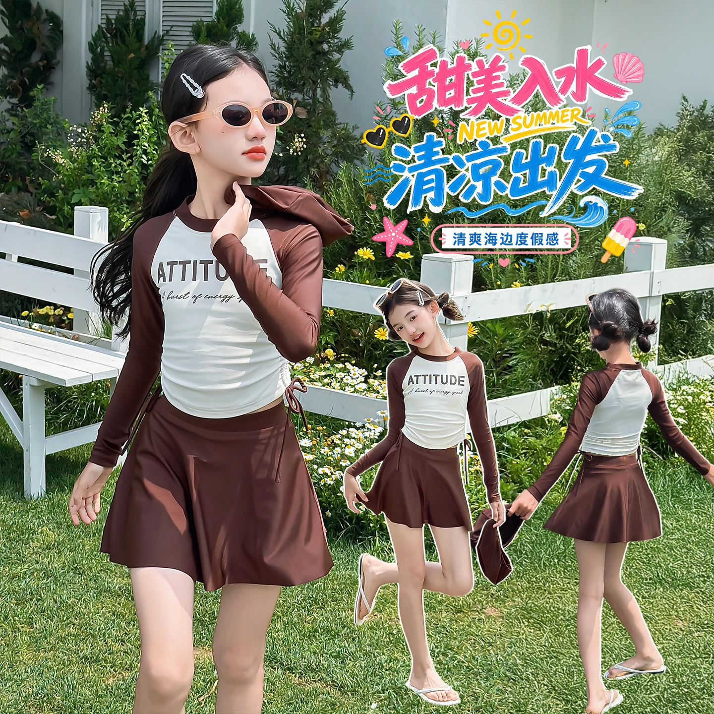 Picture 3: 2026 Girls UV Protective Swimsuit Set Long Sleeve Rash Guard Top And Swim Trunks Toddler Simple Bathing Suit for Ages 4-14 Years