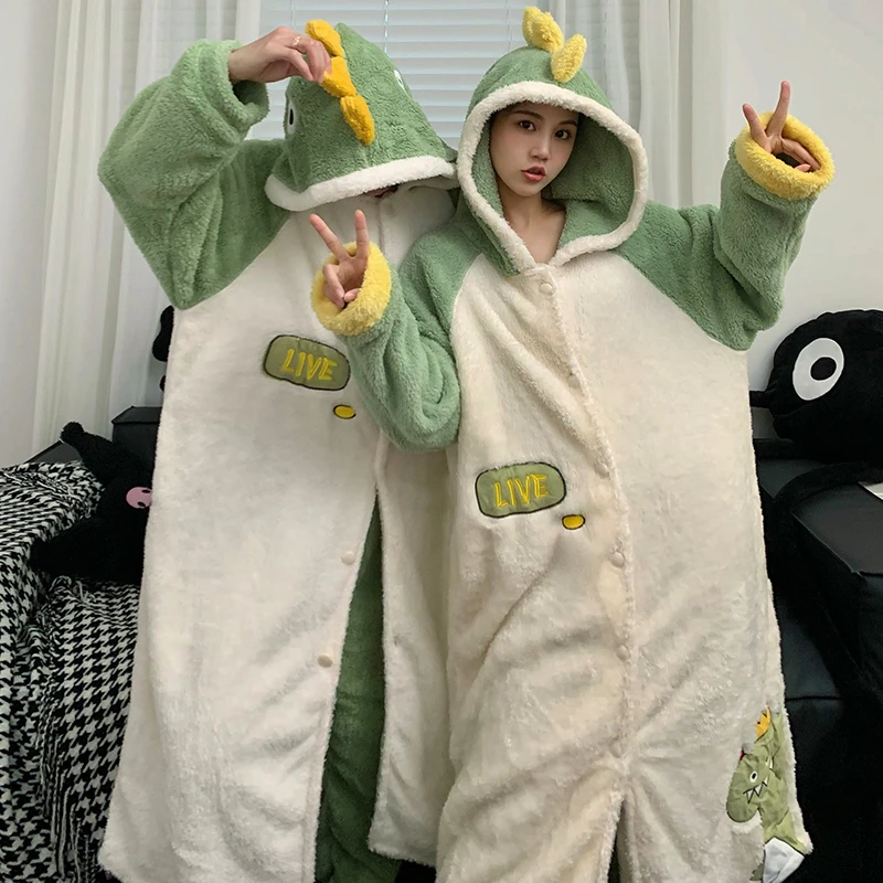 

Couples Night-robe Women Men Pajamas Kawaii Dinosaur Winter Thicken Nightgown Sleepwear Hooded Pijama With Pants Night Gown Suit