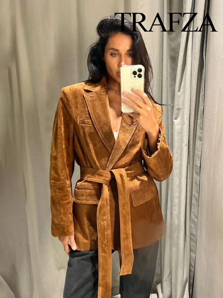 

HH Female Autumn Casual Coats Solid Turn-Down Collar Lace-Up Decoration Pockets Button Women's Fashion Long Sleeves Jacket