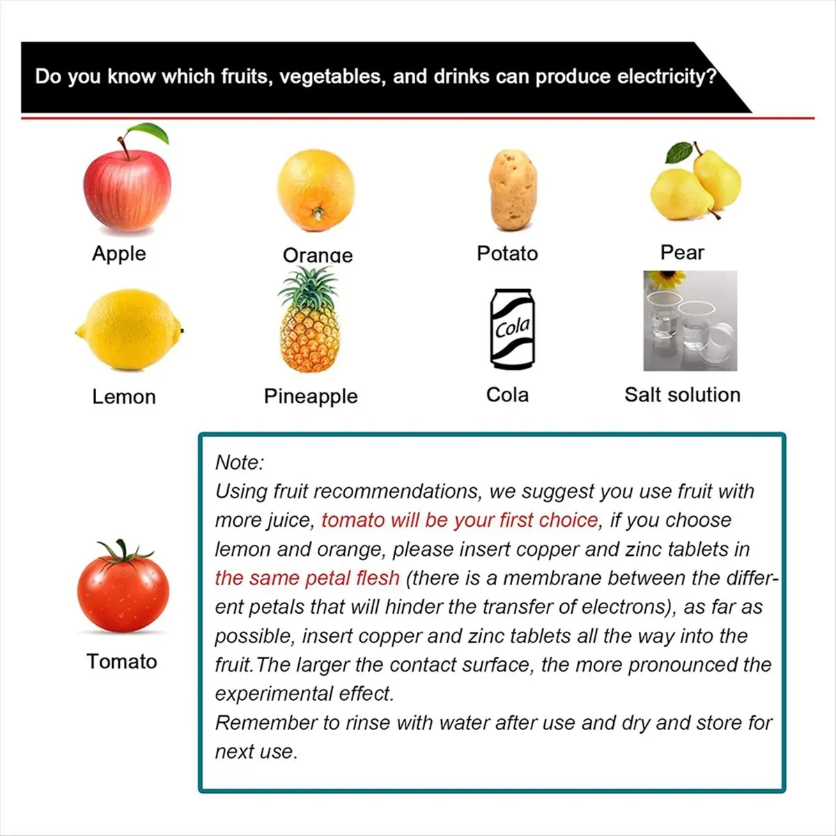 A32I Fruit Battery Science Experiment Kit with Electronic Clock and RGB LED for DIY Home Teaching Toy