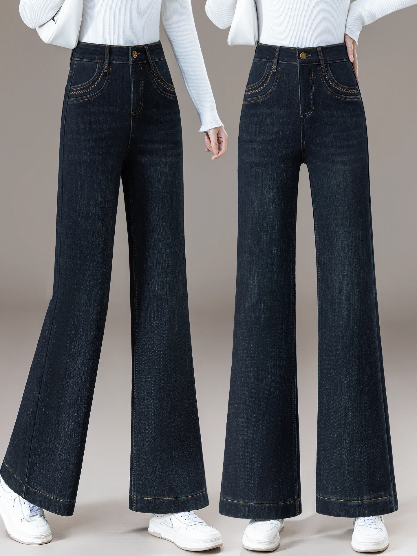 

Thickened Fleece High Waist Bell Bottom Jeans Women's Casual Straight Leg Jeans Autumn Winter New Style Retro Slim Fit Jeans
