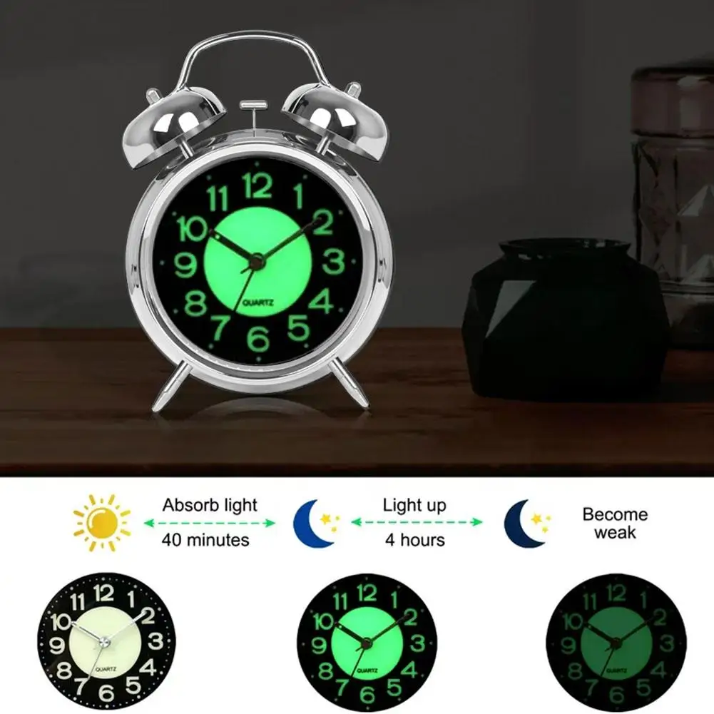 Retro Dual Clock Silent Charging Clock Metal Alarm Clock Night Environment 4 Light Little Sleep Work And Inches S5L0