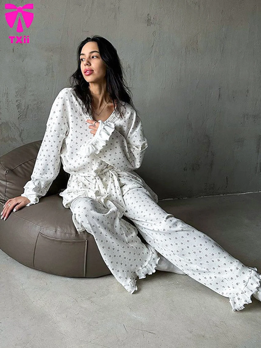 TXii Fashion Ladies Pajama Suit Long Sleeve Nightie Lace Up Sleepwear Sexy V-Neck Nightwear Pants Casual Women Home Clothe