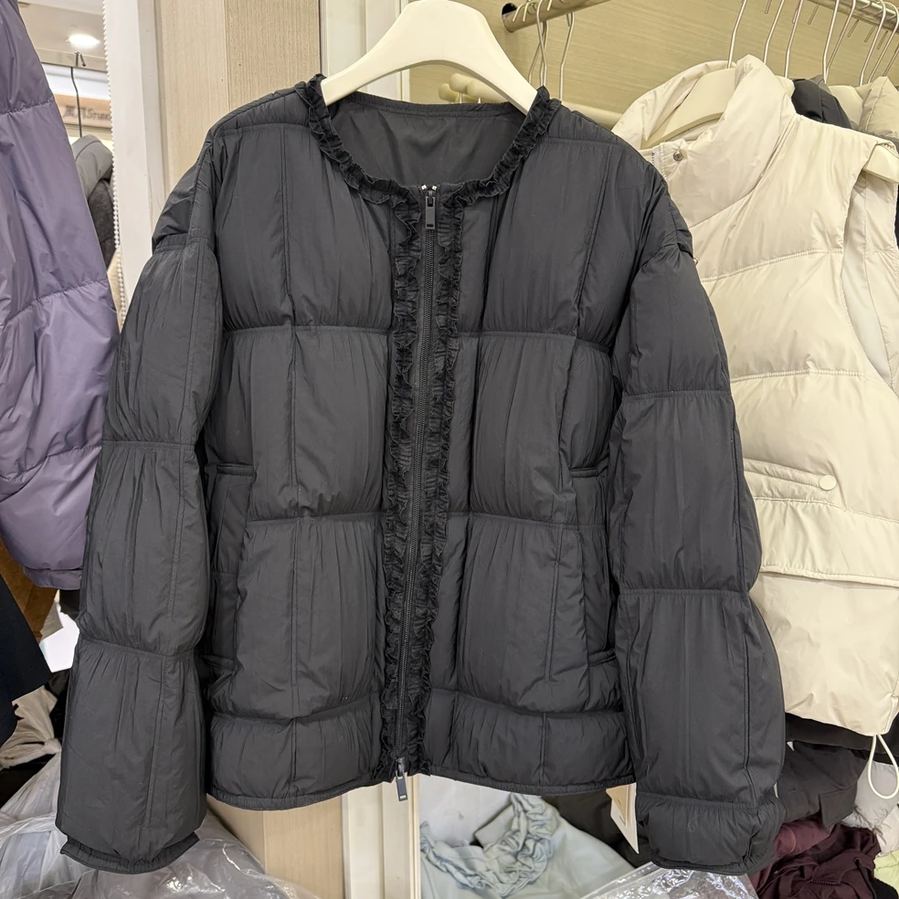 Women's Sweet O Neck Longs Leeve Loose White Duck Down Coat Lady Cute Ruffled O Neck Zip Up Thick Warm Down Outwear Top