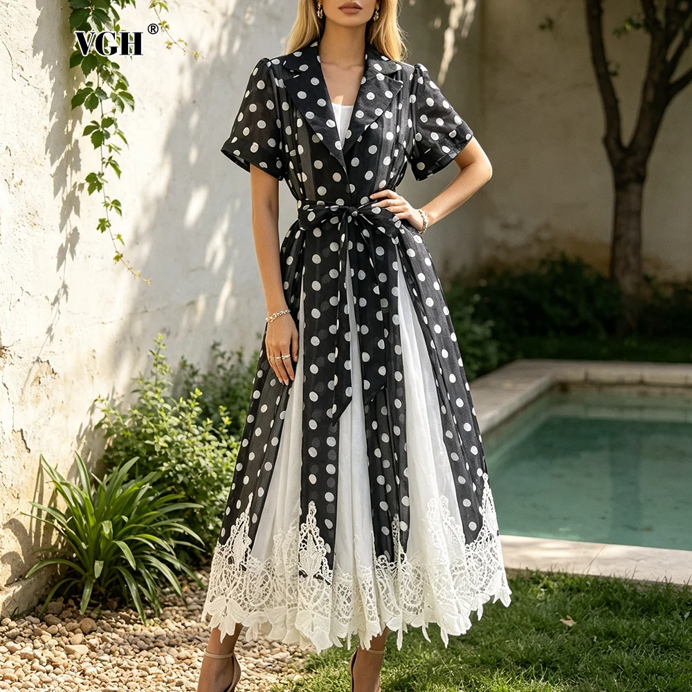 VGH Vintage Notched Lapel V Neck Short Sleeve Polka Dot Shirt Dress for Women Belted Pleated A-Line Midi Lace for Cocktail Party
