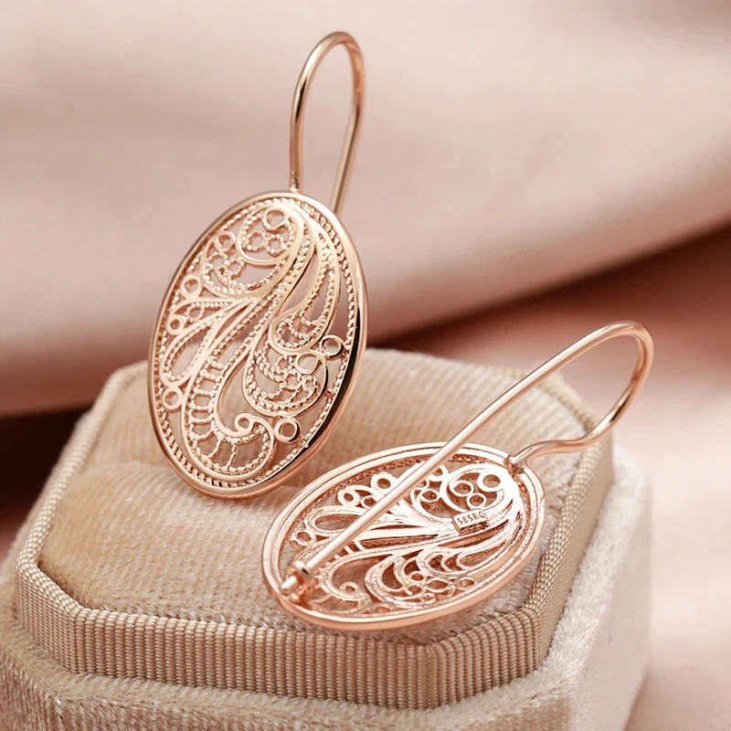 Wbmqda Vintage Hollow Metal Flower Hanging Earrings For Women 585 Rose Gold Color Ethnic Bride Wedding Party Fine Jewelry Gifts