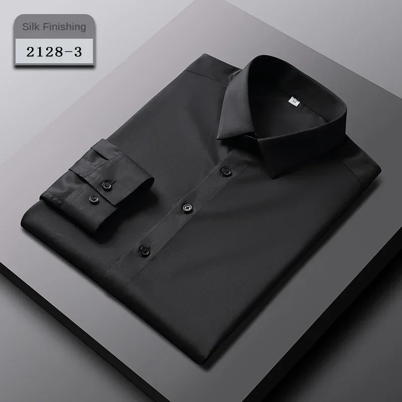 M ~ 5XL camicia a maniche lunghe in seta di ghiaccio elasticizzata da uomo camicia a maniche corte nera da lavoro casual senza ferro camicia professionale da pollici