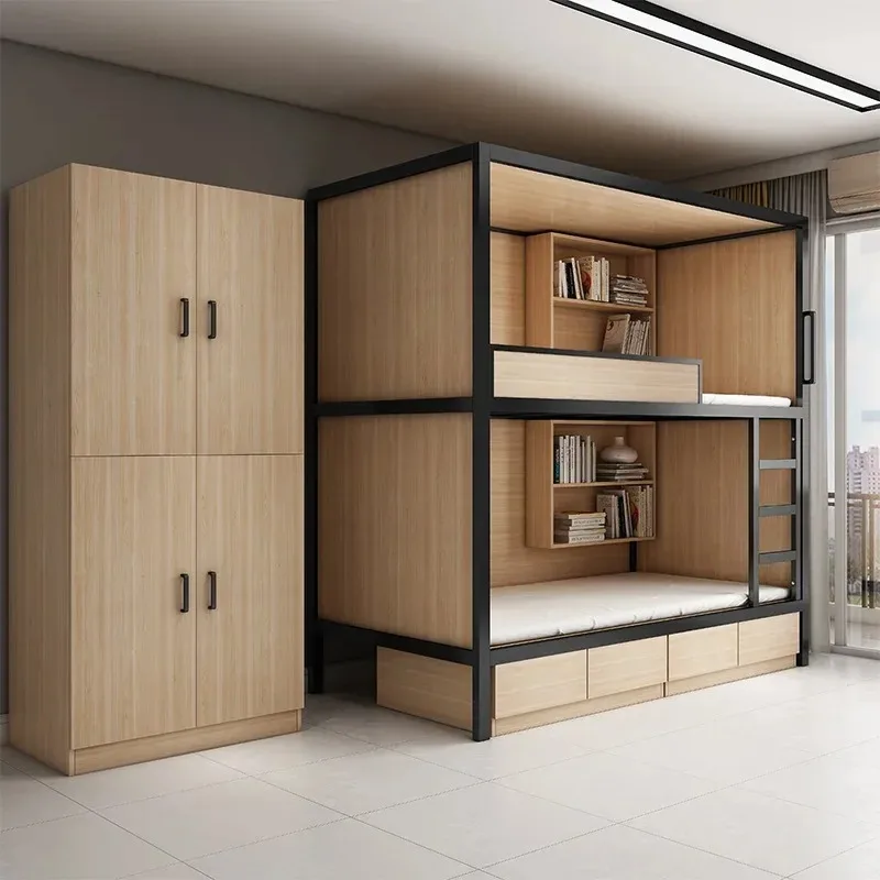 Literas superiores e inferiores, dormitorio escolar, cama de apartamento, cápsula espacial de albergue juvenil, cama todo incluido, madera de acero, madre combinada