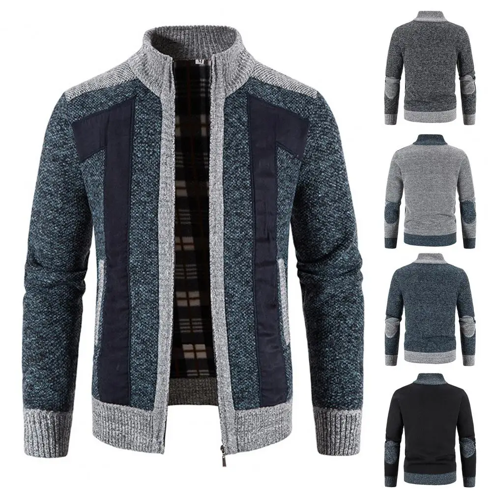 Chic Men Jacket  Contrast Colors Cardigan Men Coat  Thermal Stretchy Autumn Coat