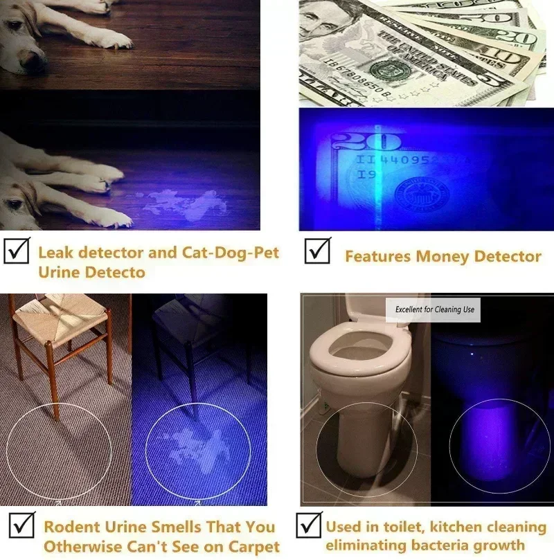 LED UV Flashlight 365/395nm Ultraviolet Torch Blacklight Scorpion Mini Ultra Violet Light Pet Urine Stain Detector Zoomable Lamp