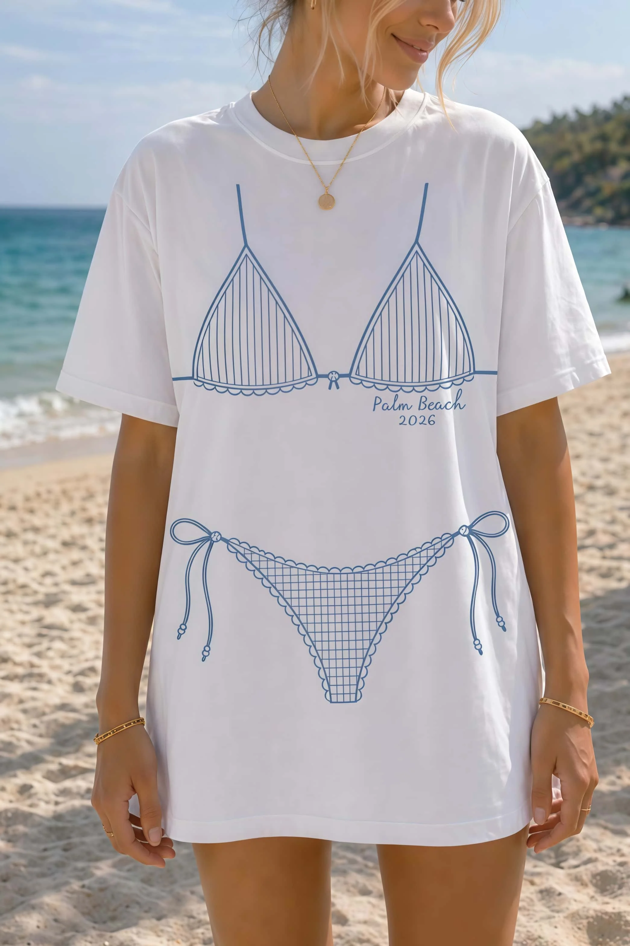 26 Summer Cotton Loose Short Sleeve Beach Resort Bikini Thread Draft Printed Short Sleeve Funny Casual Meat Covering T-shirt