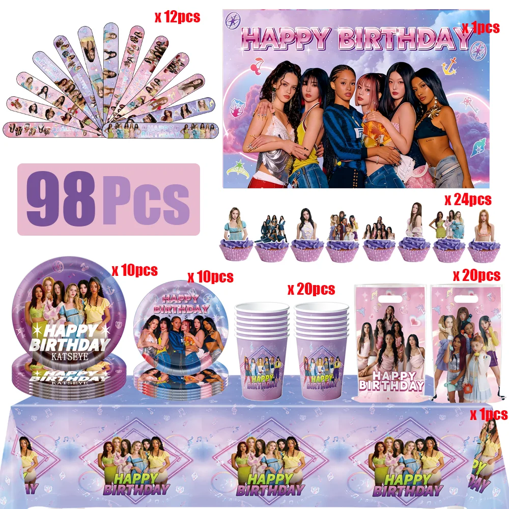 Articles de fête KPOP GIRL KATSEYE, fournitures décoratives, couverts jetables, gobelets et assiettes, ballons pour anniversaire d'enfants, fête de bébé