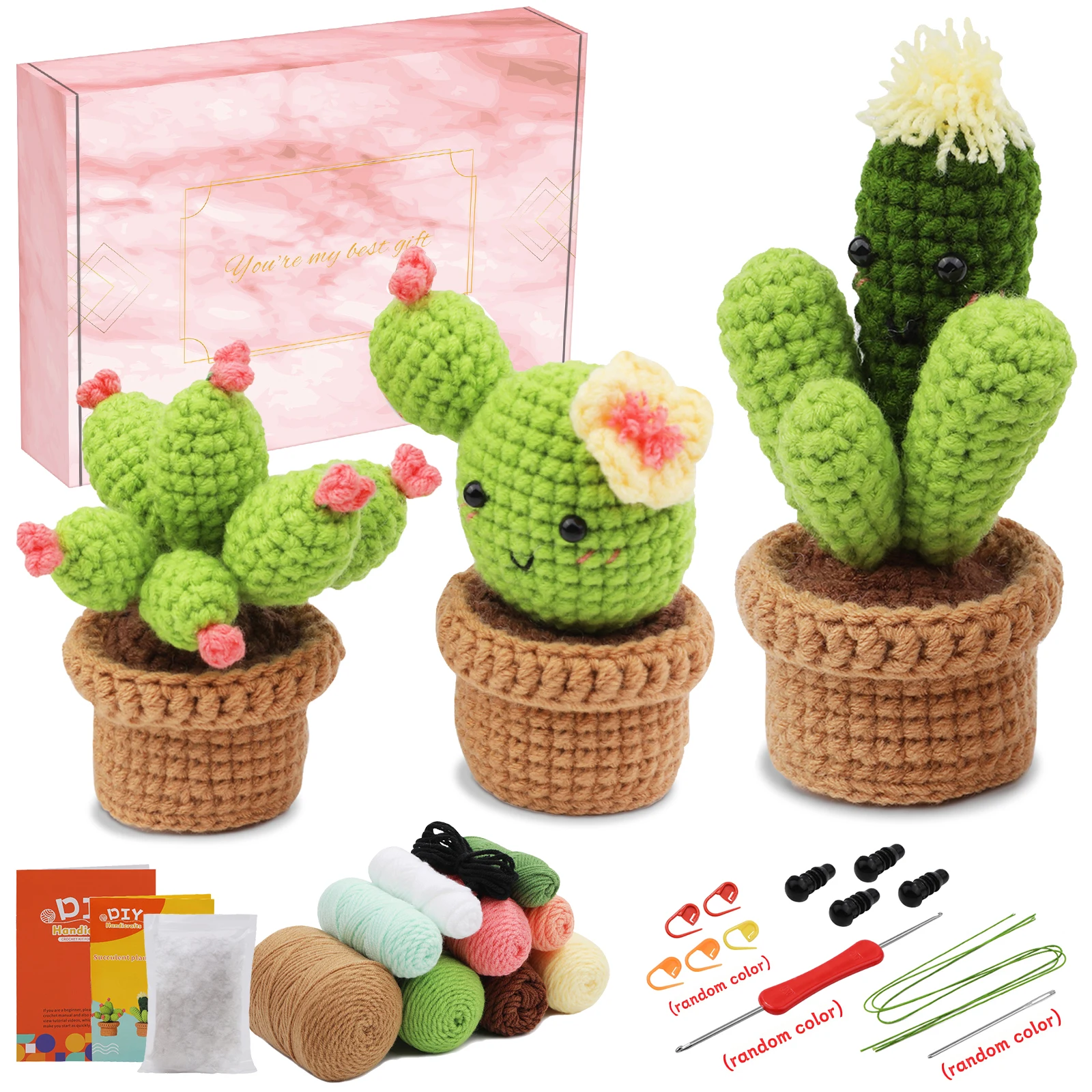 Kit de crochet DIY de planta de cactus adecuado para principiantes, muñecas de ganchillo adecuadas para adultos y niños, con videopelistas