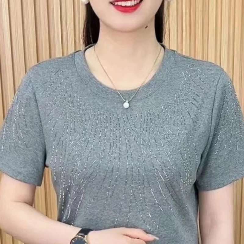 2024 New Summer Korean Edition Minimalist Fashion Casual Loose Short Sleeve Round Neck Printed Diamonds Women\'s T-shirt Top