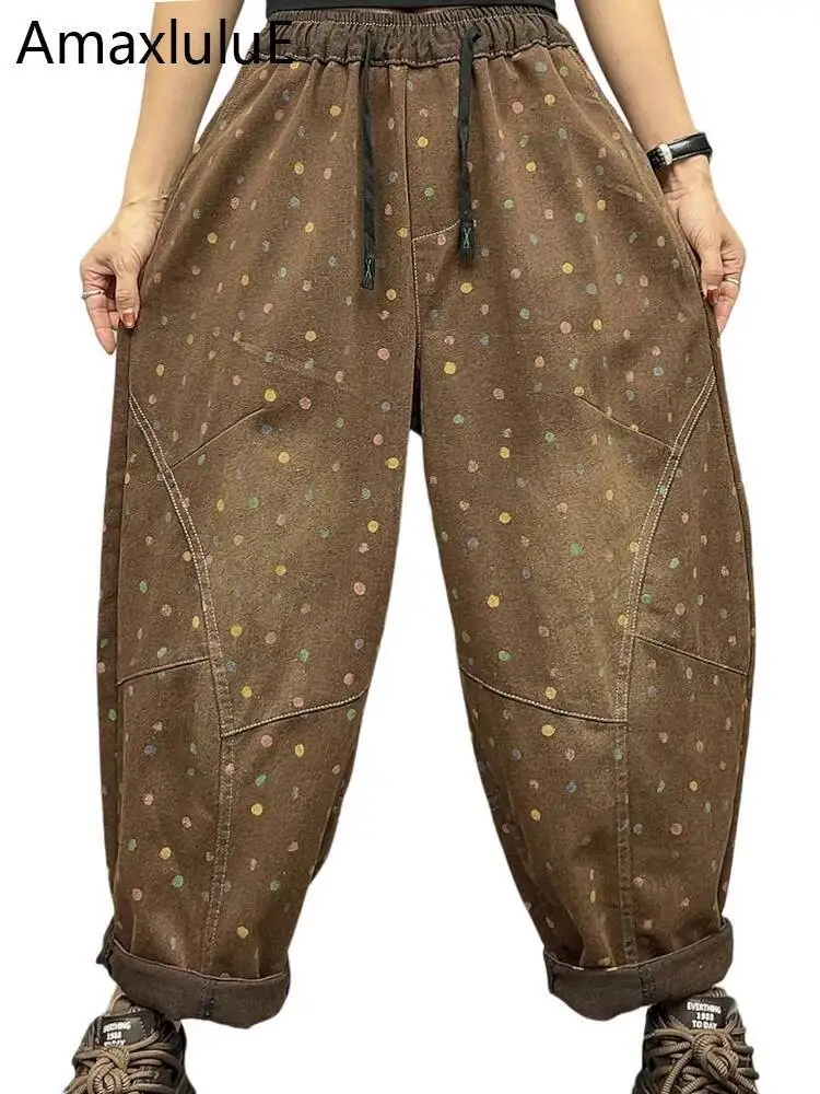 Amax LuluE Autumn Fashion Jeans Womens Loose Printed Dot Denim Pants Ladies Casual Vintage Classic Elastic Waist Harem Trousers