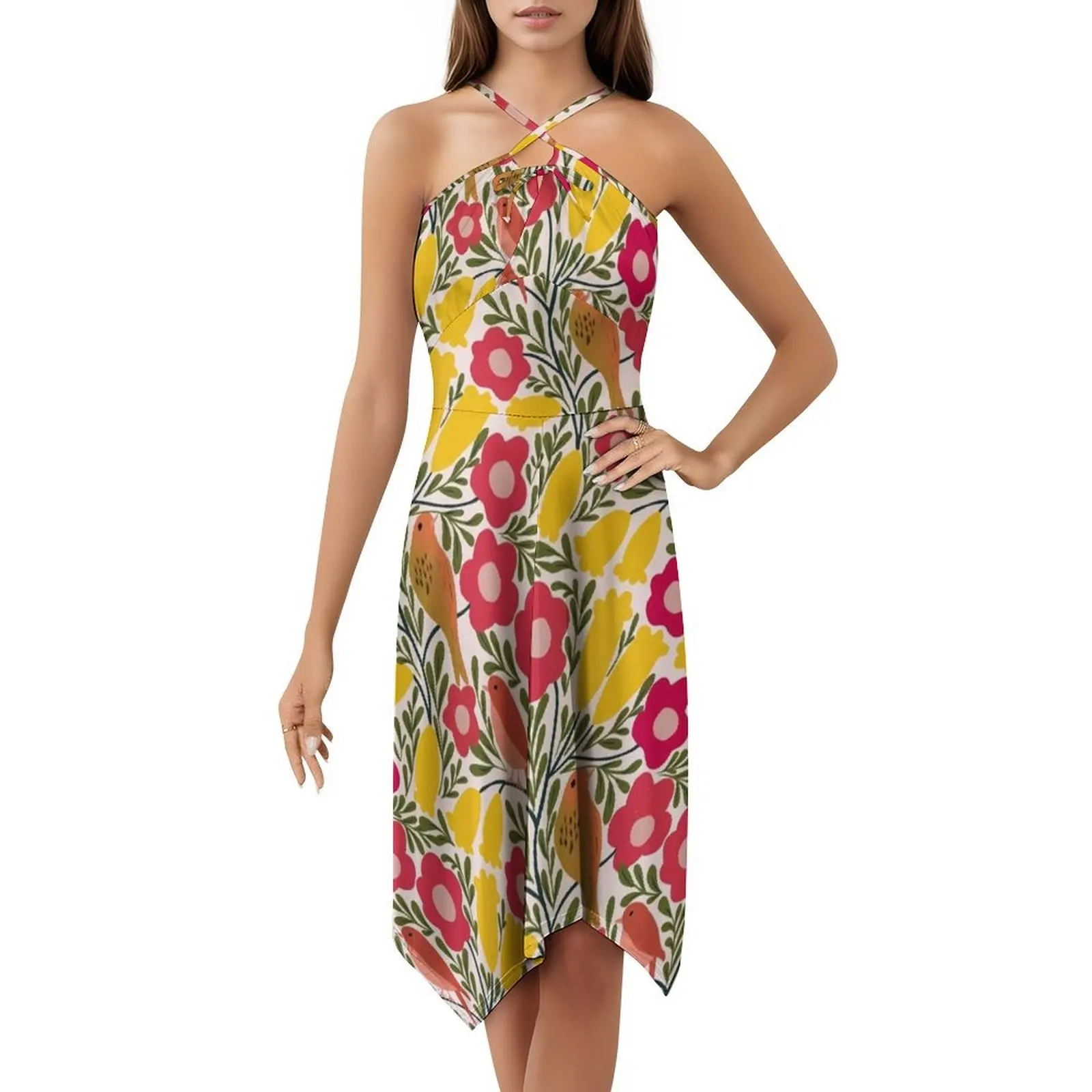 فستان بوهيمي بدون أكمام للطيور والزهور، فستان متعدد الطباعات لحفلات العطلات على الشاطئ