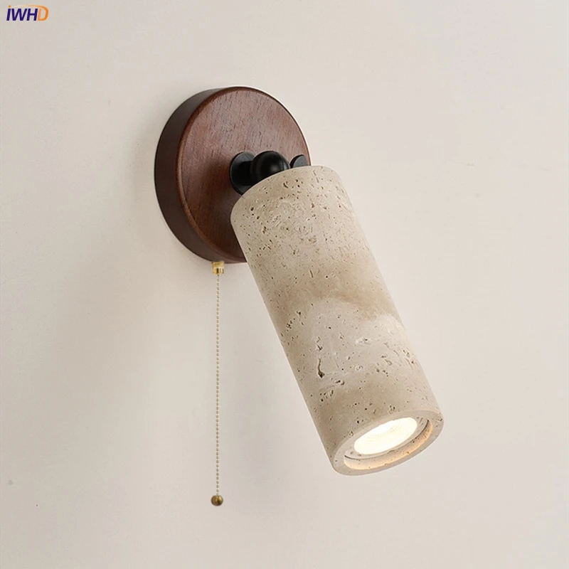 

IWHD Modern Nordic LED Wall Light Walnut Yellow Travertine Wall Lamp For Corridor Stair Living Room Decor Lampara Applique