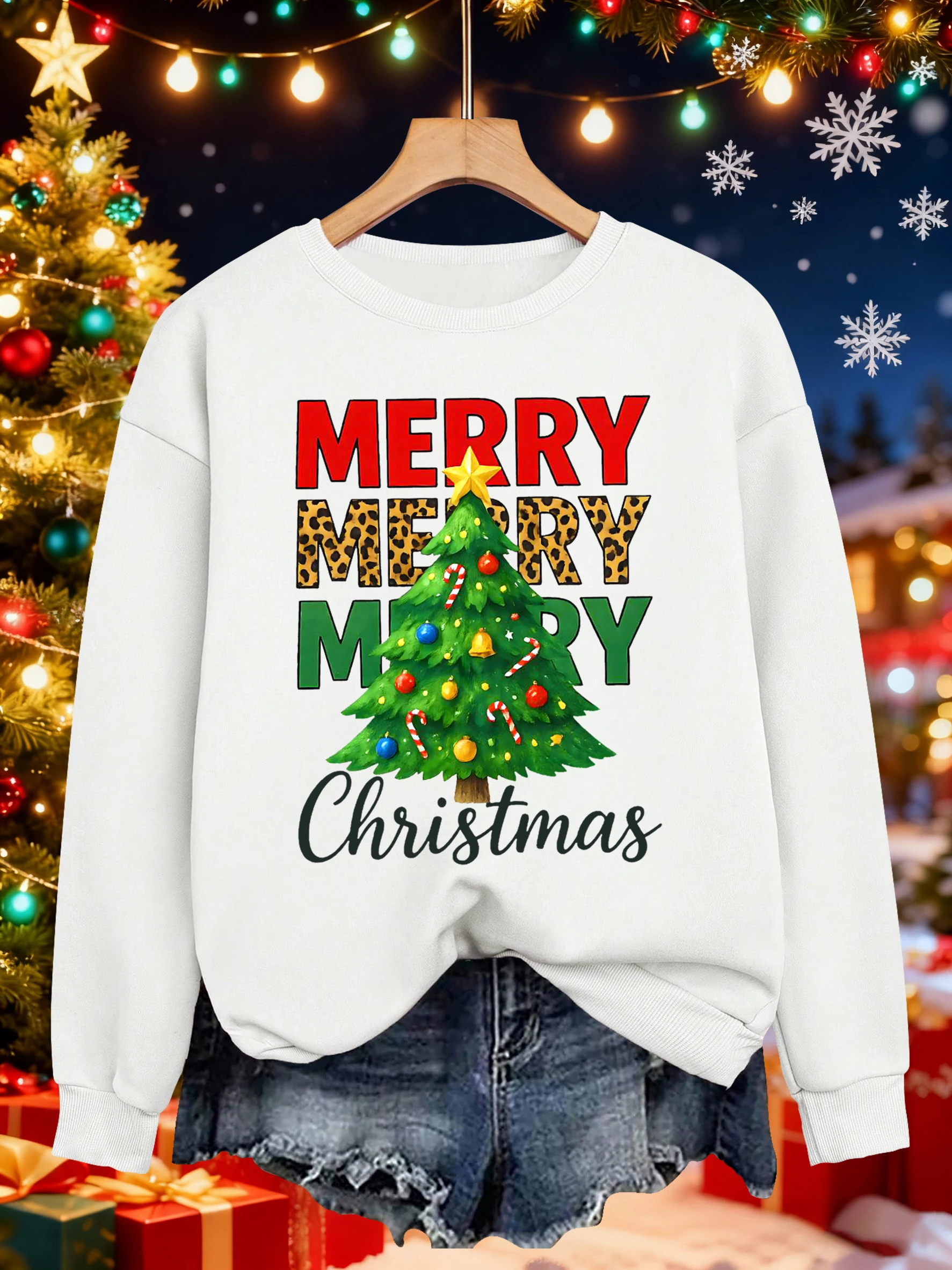 メリークリスマスグリーンツリープリントスウェットシャツ女性 Y2K O ネック服フリース快適なプルオーバー女性ルーズ秋ストリートウェア