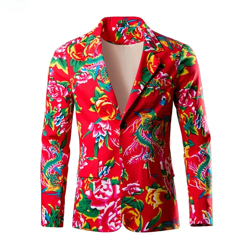 Thin Black Printed Suit Jacket Men\'s V-Neck Single Button Blazer Red Nostalgic Style Long Sleeve Coat Large Size M-5XL