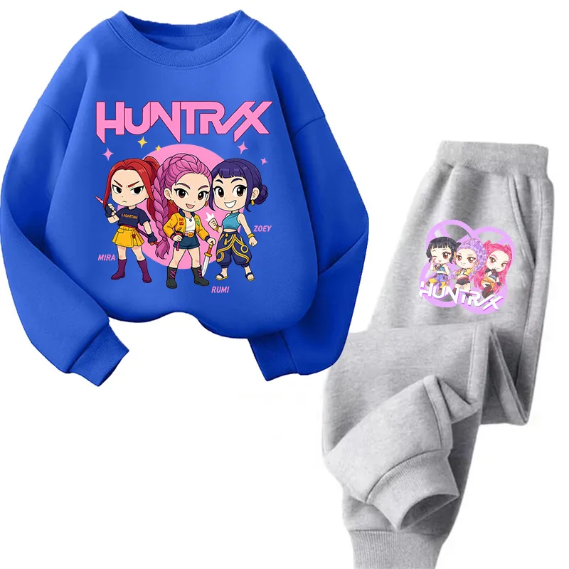 Harajuku pulôver tripulação pescoço crianças hoodies conjuntos kpop demônios caçadores moletom anime trucksuit dos desenhos animados meninas menino crianças roupas