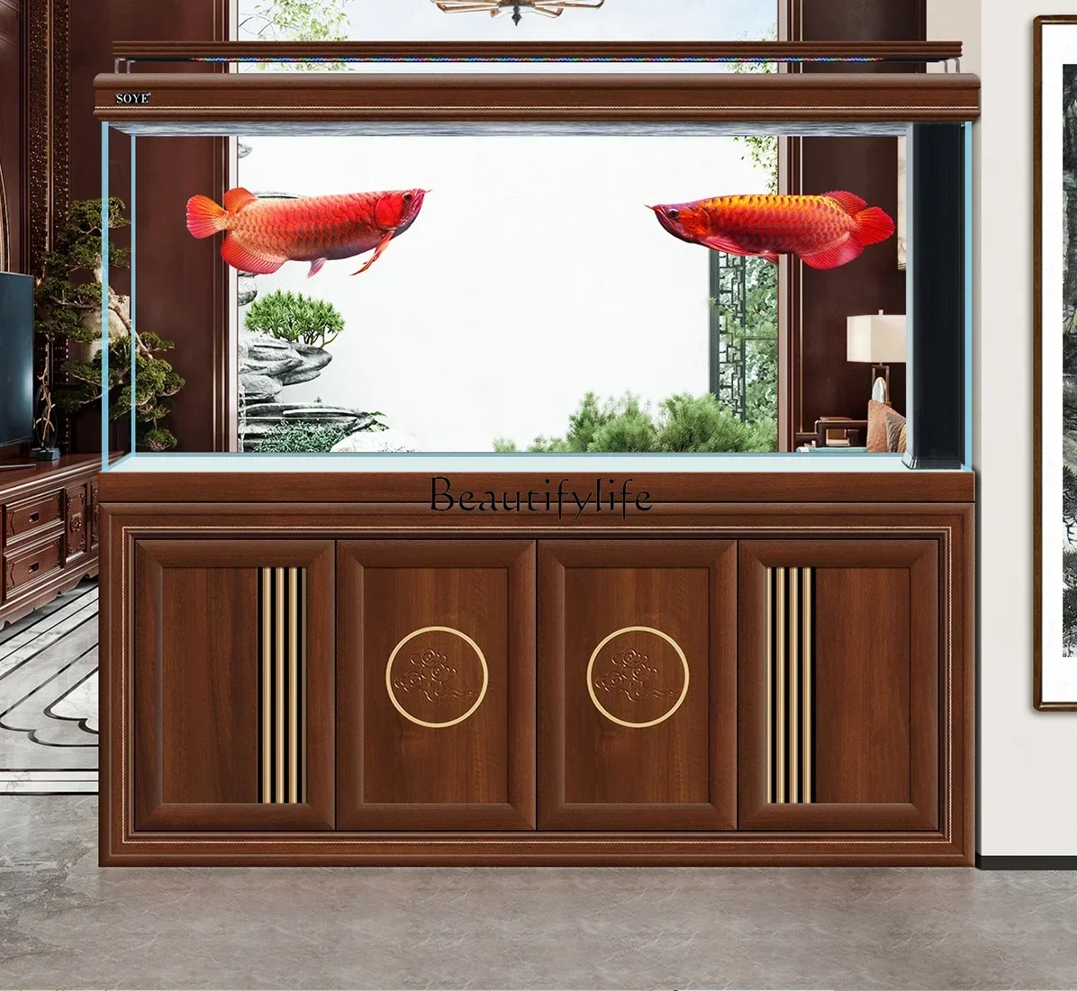 

LD33Fish Tank Aquarium Solid Wood Super White Floor Ecological Large Screen Chinese Style Entrance Hallway