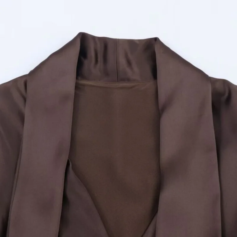 브이넥 실크 새틴 텍스처 드레스 여성 긴 소매 패셔너블 스트리트웨어 가을 솔리드 우아한 여성 의류 드레스 스카프 매치