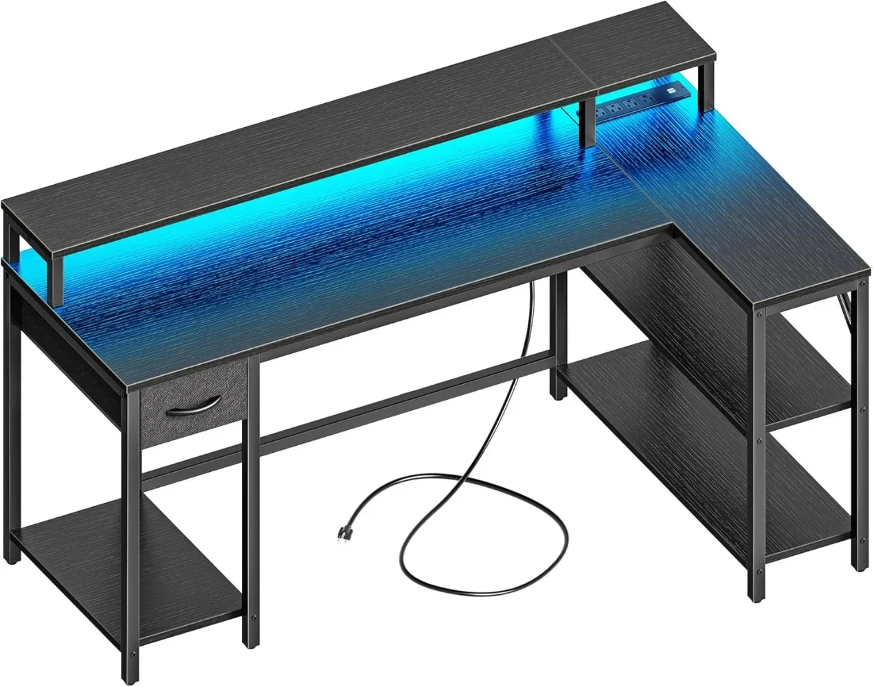 Bureau réversible en forme de L avec lumières LED et prises de courant, bureau d'ordinateur avec étagères et support de moniteur, 53 pouces