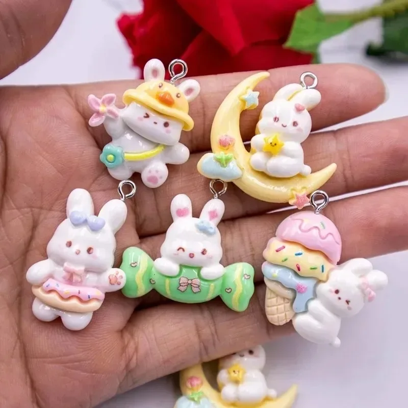 10Pcs Kawaii Glossy White Rabbit Resin Charms, New Design Bunny Mini Pendants For Handmade Earrings Bracelets Keychain Craft