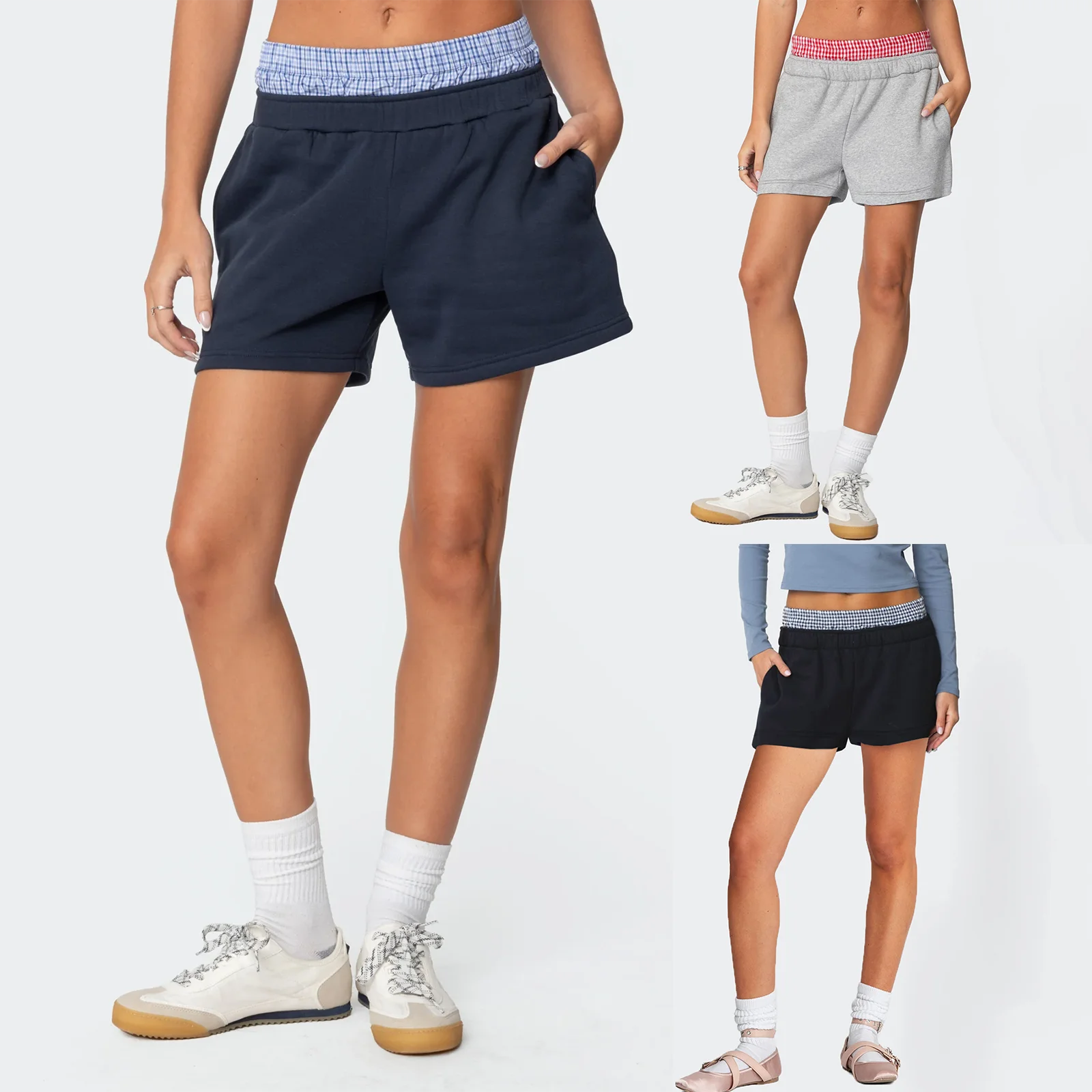 Dames zomer Y2K casual contrasterende kleur patchwork splitsen geruite rand elastische taille losse pasvorm shorts met zakken streetwear