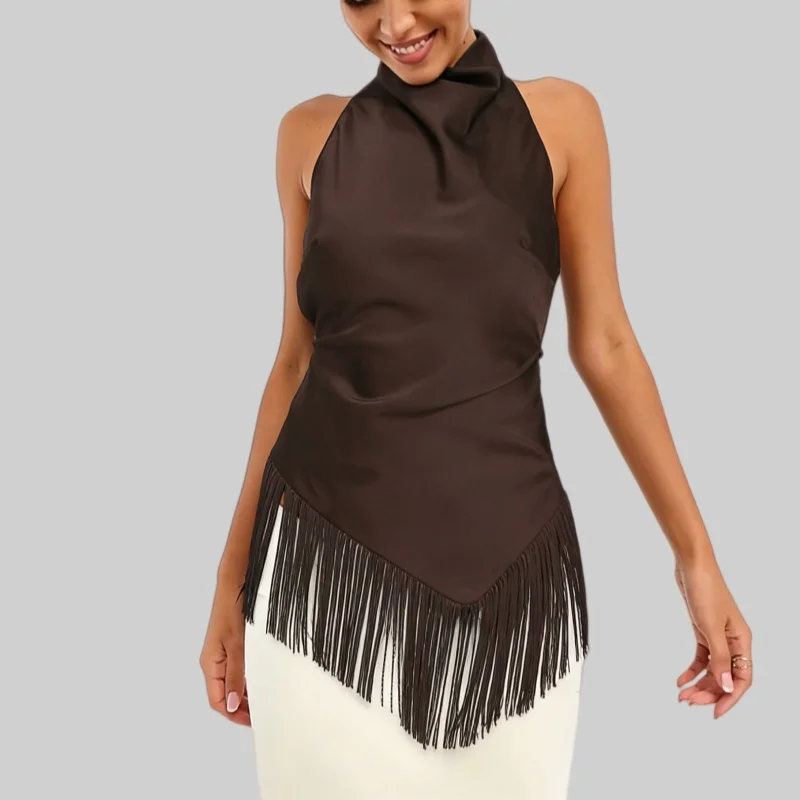 

Модный однотонный топ-камизол с бахромой и вырезом халтер, облегающий, без рукавов, для женщин, для отпуска и повседневной носки