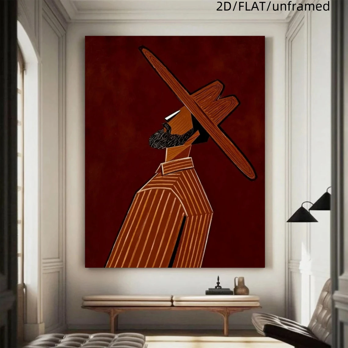 (No frame)2D Flat, Men' Brown Pinstripe Suit & Wide-Brimmed Hat Portrait - Framed Suitable for Living Room,, Frame, Ready-to-