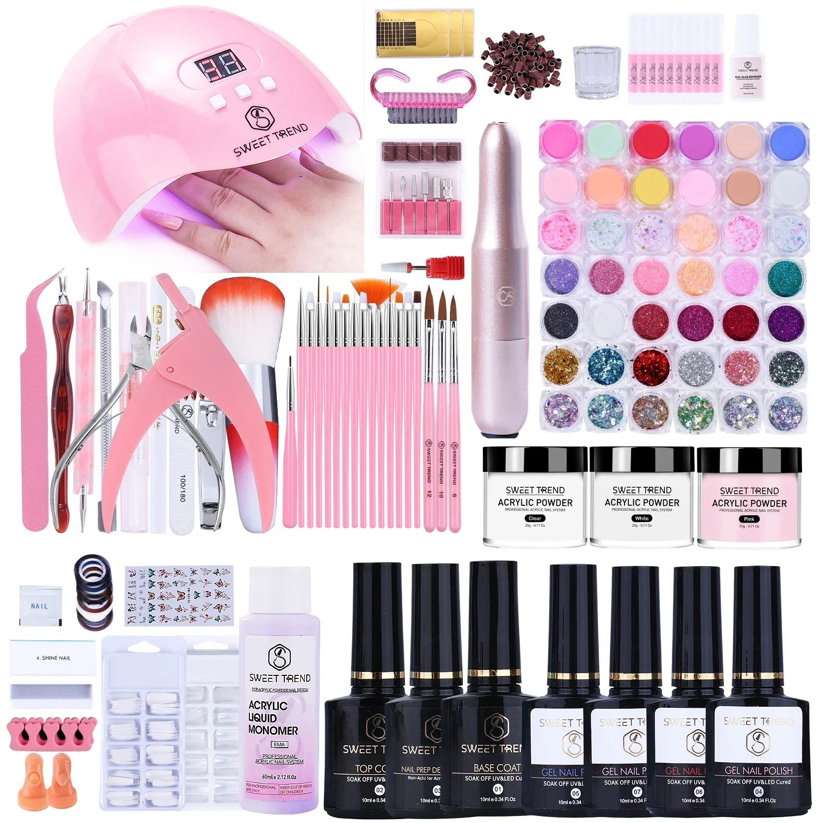 SWEET TREND Complete Nail Kit with UV Nail Lamp Gel Nail Polish Extension Acrylic Powder Glitter Sticker Beginner Profession Set