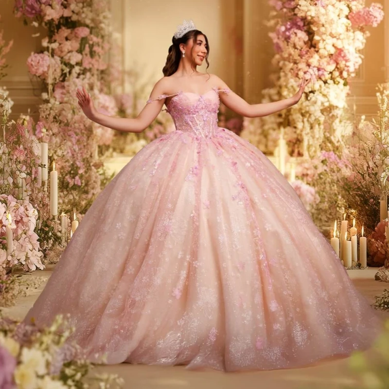 

Pink Shiny Off The Shoulder Ball Gown Quinceanera Dresses Sequin Appliques Flower Beading Crystal Tull Sweet 16 Dress Vestidos