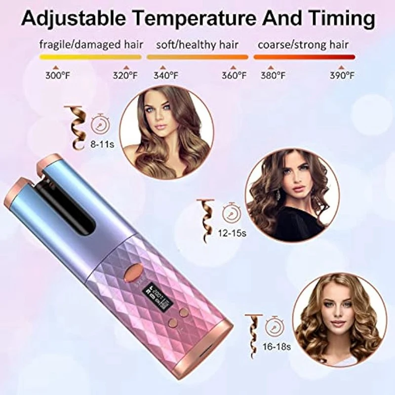 Automatic Curling Iron, Cordless Auto Hair Curler Portable Rotating Curling Wave Wand Styling Tool Auto Shut Off ABS