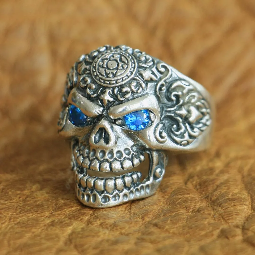Details Blue CZ Eyes 925 Sterling Silver High Skull Ring Biker Punk Jewelry TA126 US Size 7~15 BZ
