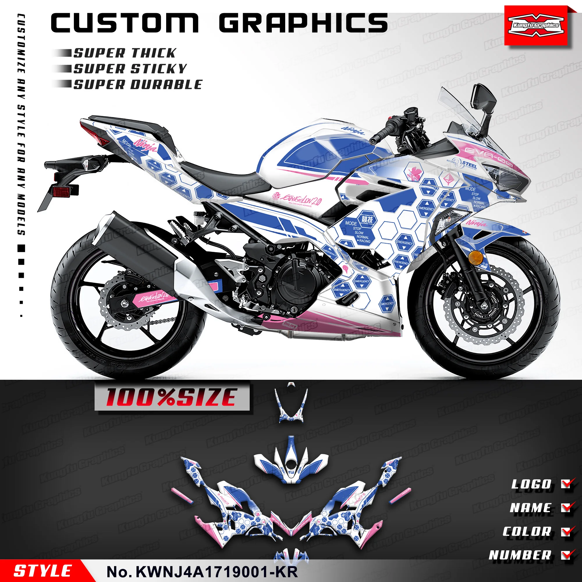 KUNGFU GRAPHICS Racing Graphics Stickers for Kawasaki Ninja 250 400 ABS KRT 2017 2018 2019 2020 2021 2022 2023, KWNJ4A1719001-KR