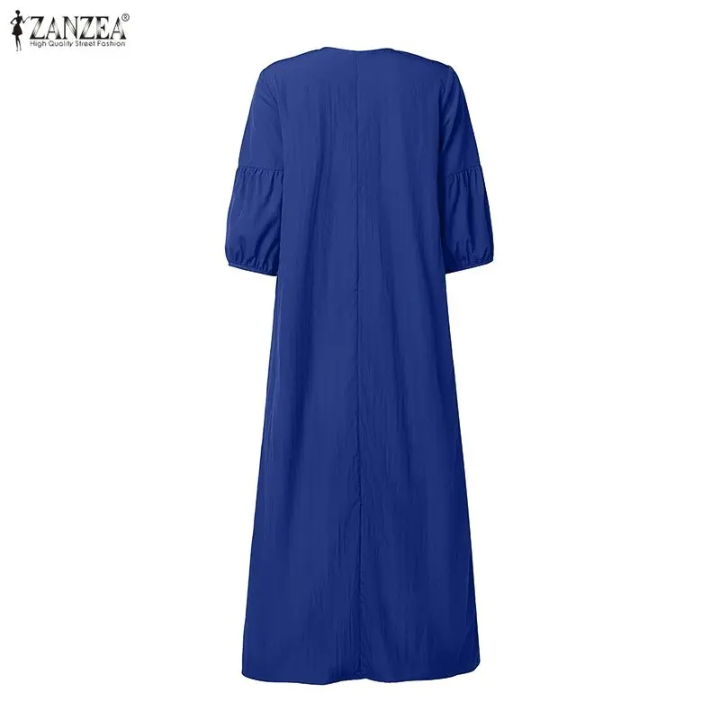 Vestido largo informal holgado de talla grande para mujer, cuello en V, mangas 3/4, vestidos florales bordados, ZANZEA, Vestidos de verano 5XL