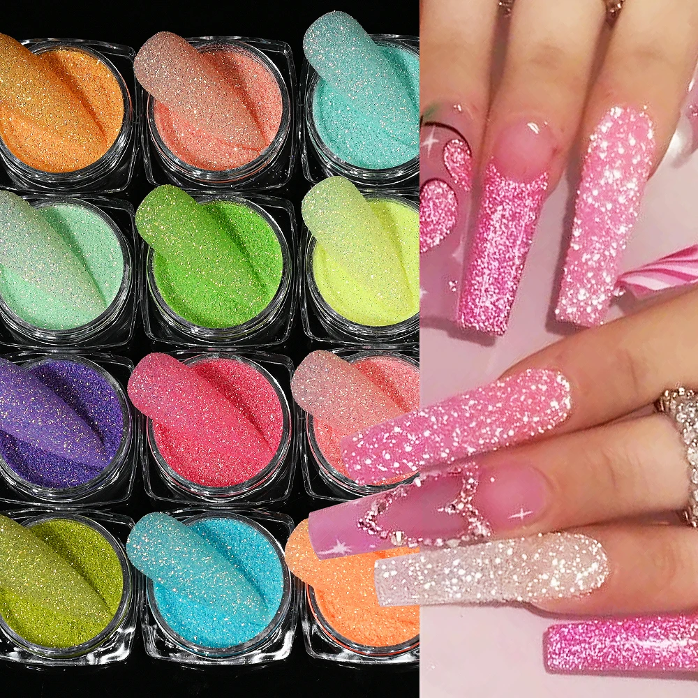 12pcs/set Rainbow Sugar Sand Nail Glitter Powder Sparkling Holographic Candy Coat Nail Art Pigment Fine Manicure Dust Accessorie