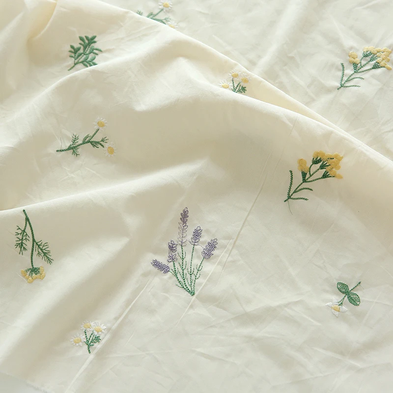 

Beige Pastoral Lavender Embroidery Pure Cotton Fabric DIY Handmade Clothes Dress By the meter