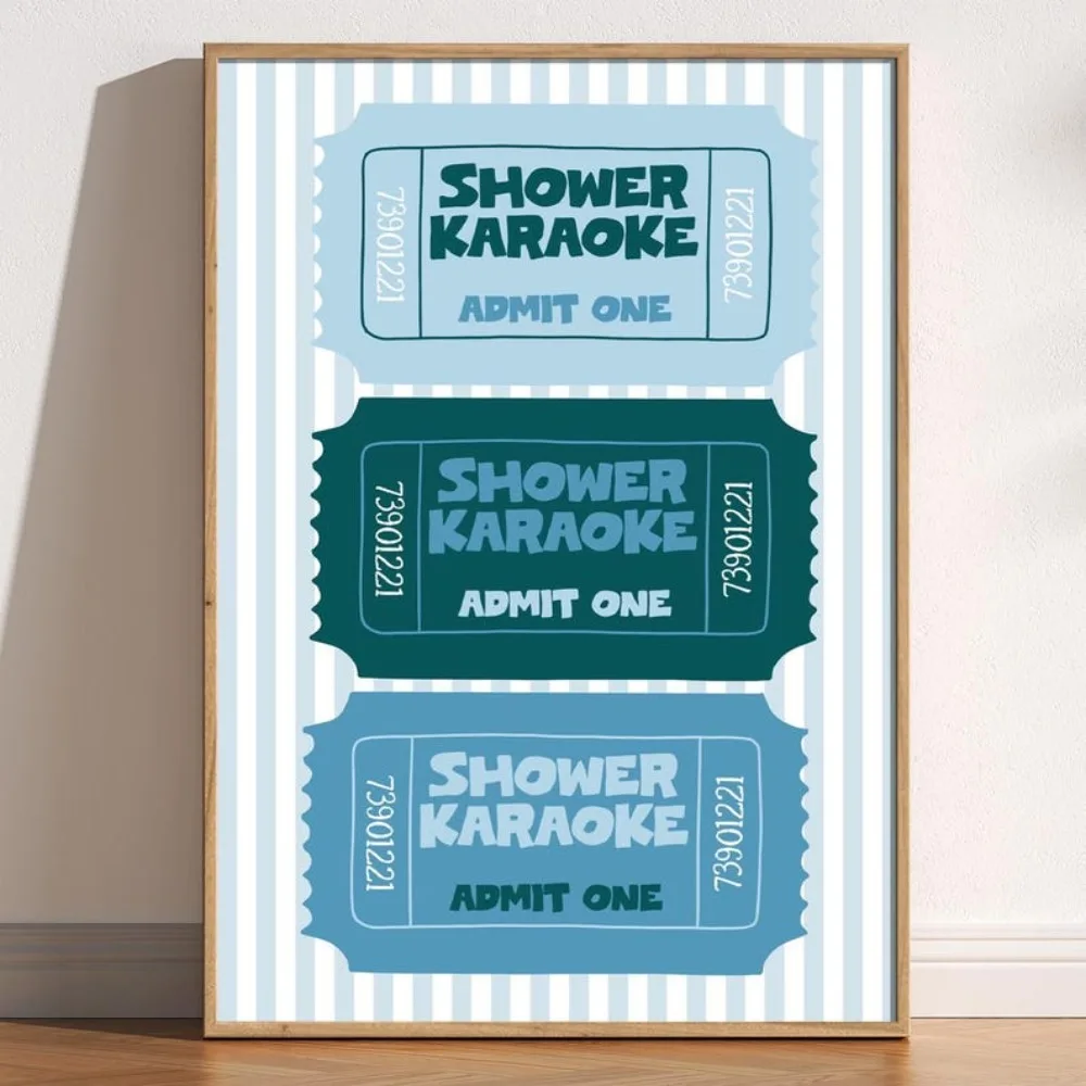 Shower Karaoke Ticket Print,Funny Bathroom Art,Cute Trendy Retro,En Suite Print,Singing,Blue Stripy,Aesthetic Bathroom Poster