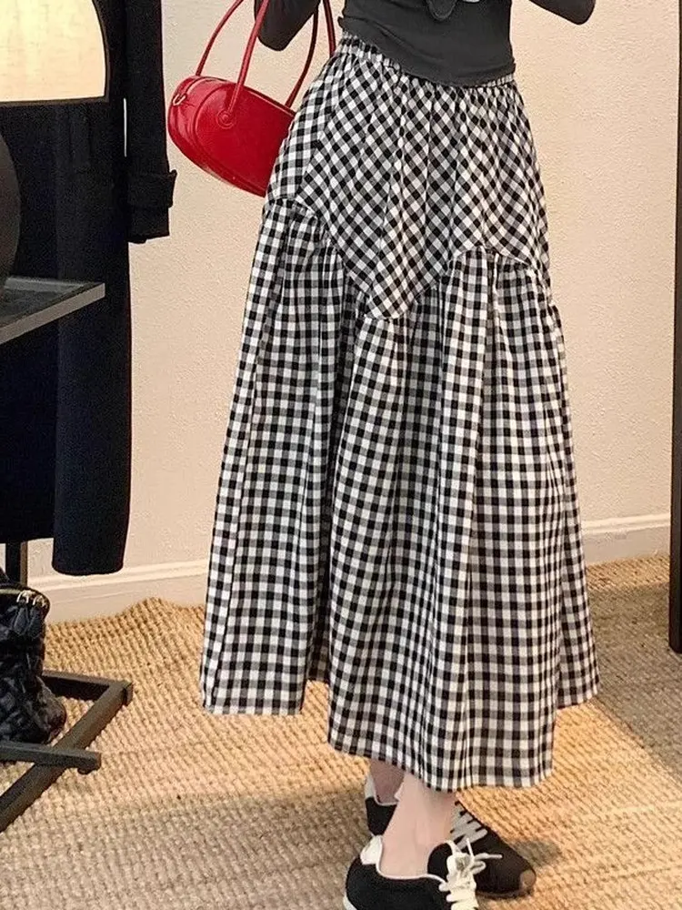 

Bla And White Plaid A-Line Midi Skirt Women's plus Size Summer High Waist Slimming Loose Korean Sle Commute Skirt