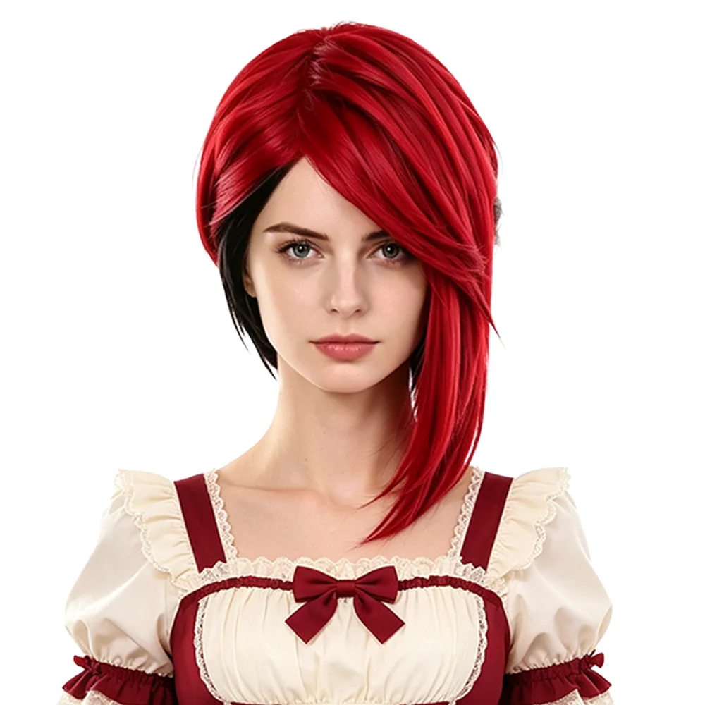 Anime Kyouka Nijiku Cosplay Wig Red Black Two-Tone Short Wig With Long Side Bangs Heat Resistant Synthetic Hair Halloween Party