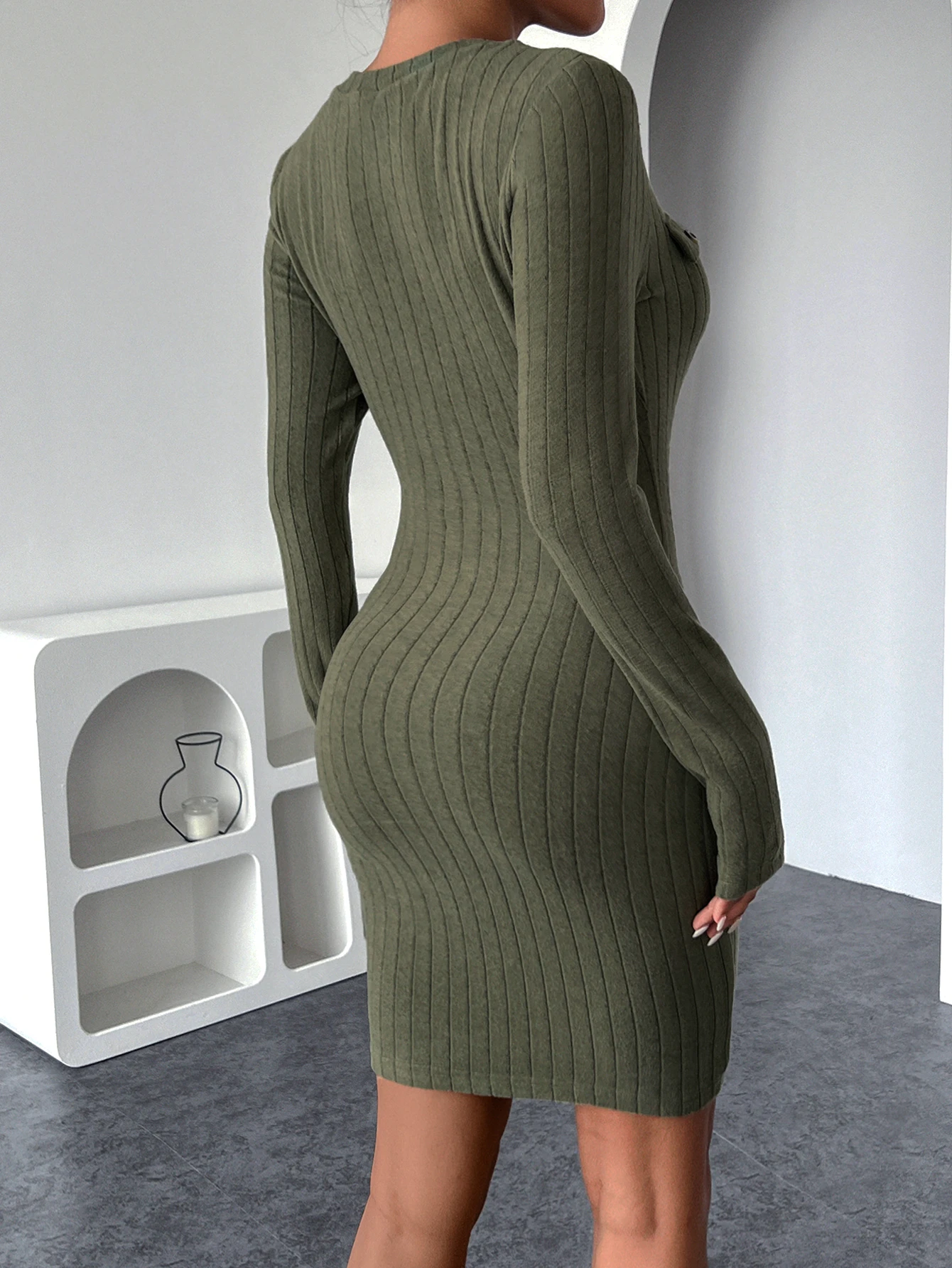 Military Green Vertical Pattern Woolen Dress Autumn/Winter New Product Long Sleeve Sweater Elastic S-shaped Hip Wrap