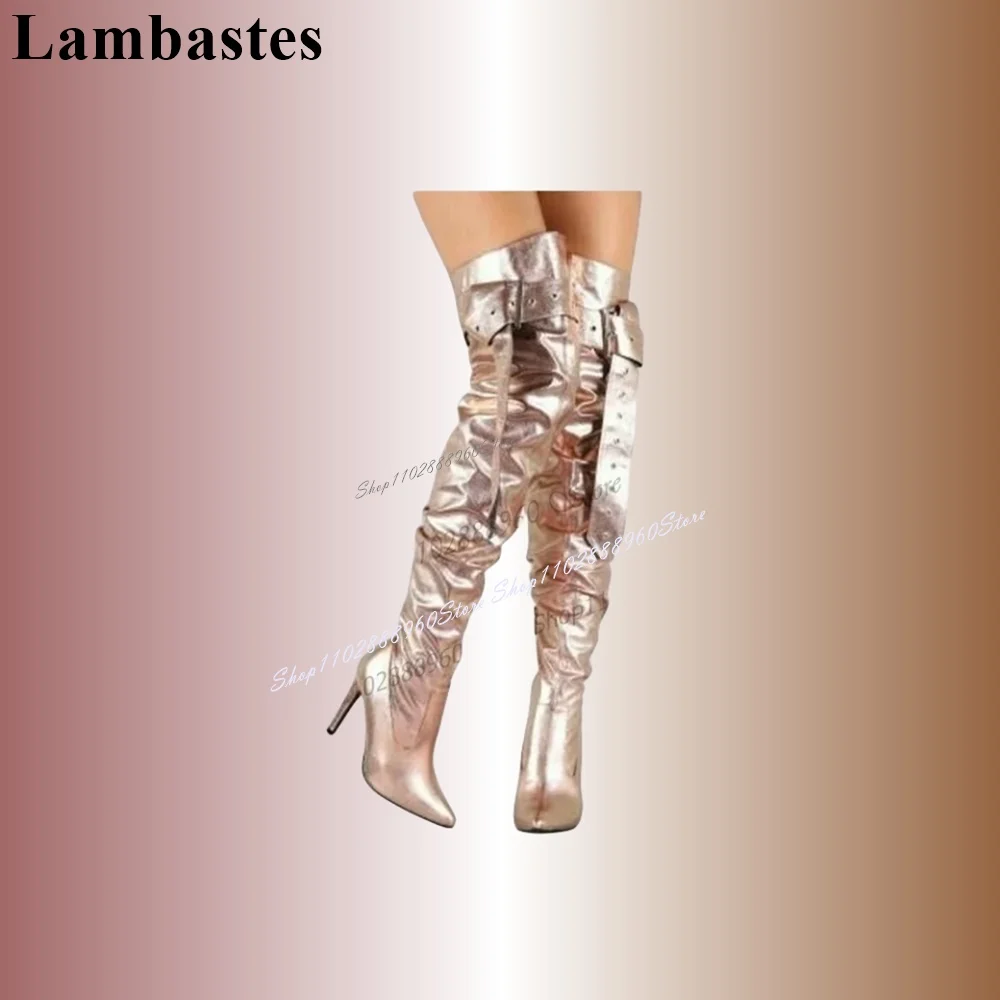 Thigh High Rose Gold Belt Buckle Decor Boots Stilettos High Heel Women Shoes Side Zipper Pointed Toe 2023 Zapatos Para Mujere