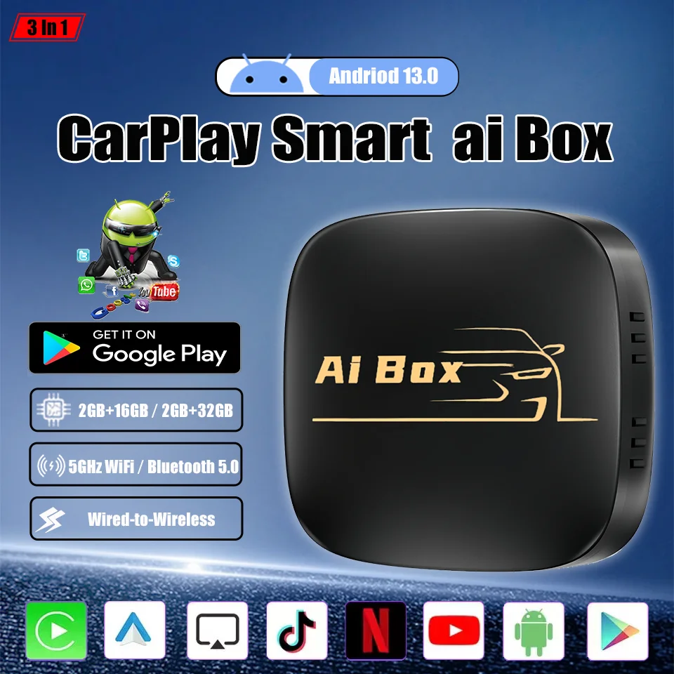 2025 New Carply Ai Box Andriod 13.0 Multimedia Box Wired to Wireless CarPlay & Andriod Auto Built-in Netflix YouTube Google Play