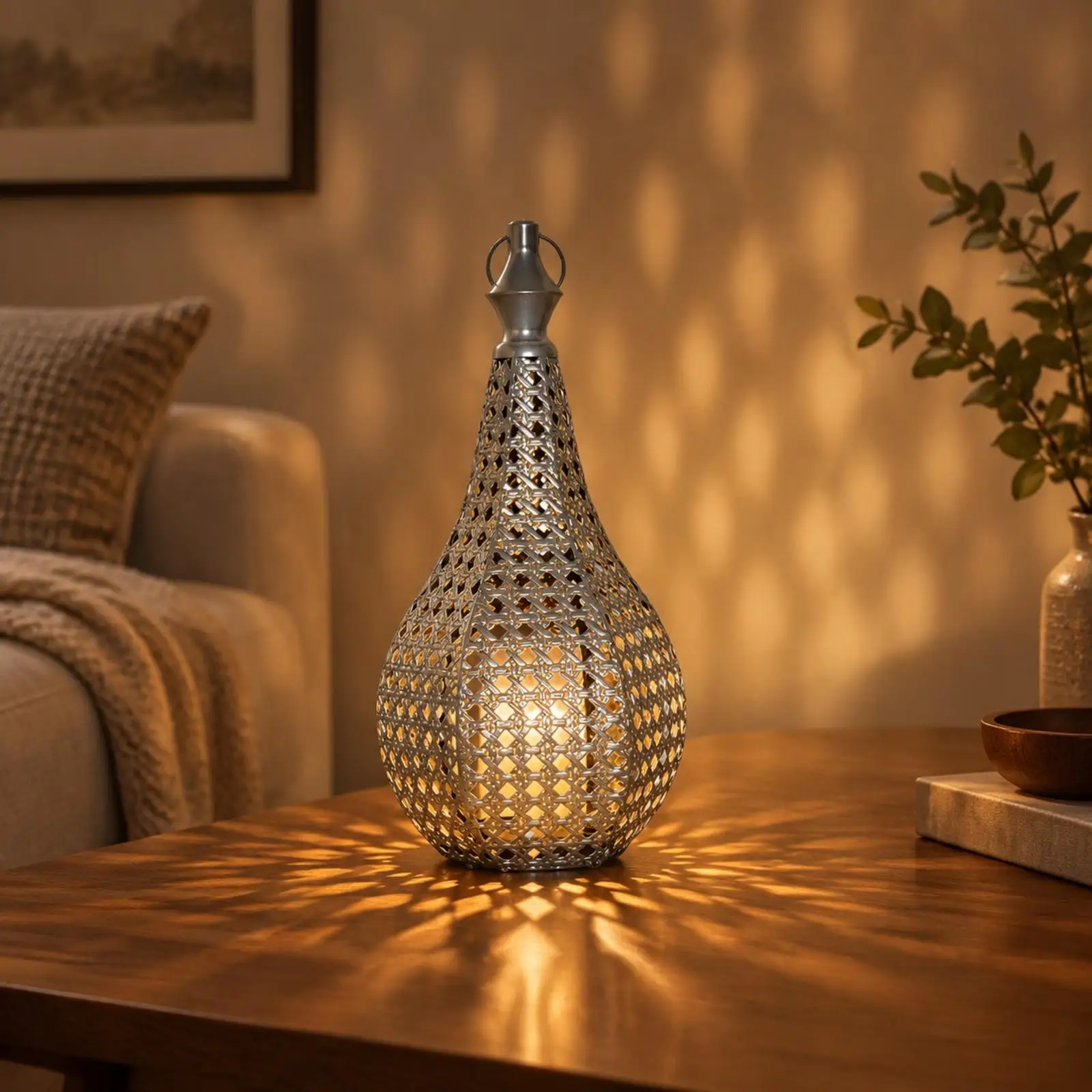 Teardrop Candle Lantern with Hanging Hoop Decorative Perforated Metal Candle Lantern Openwork Lattice Candlestick Silver