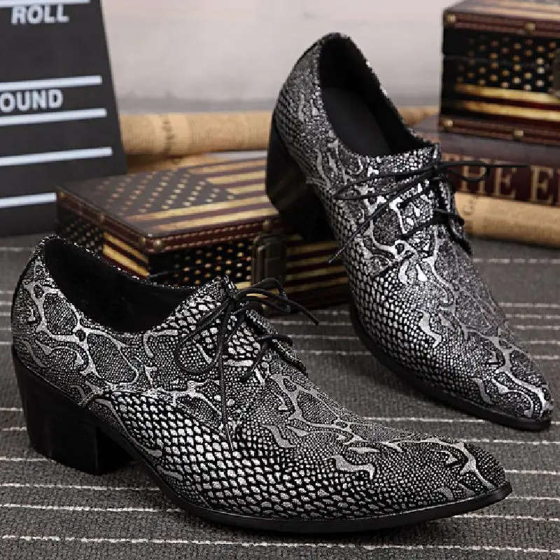 Men's High Heels Embossed Leather Dress Shoes Gray Height Increase Wedding Shoes Men Business Party Pointed Toe Lace Up Shoes 46