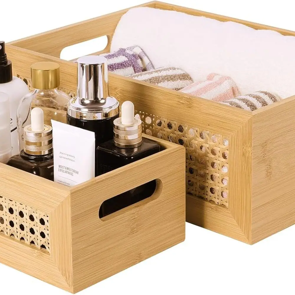 Natural Bamboo Woven Storage Baskets, Set of 2 with Wooden Frame & Handles, for Rustic Decor and Home Office Organization